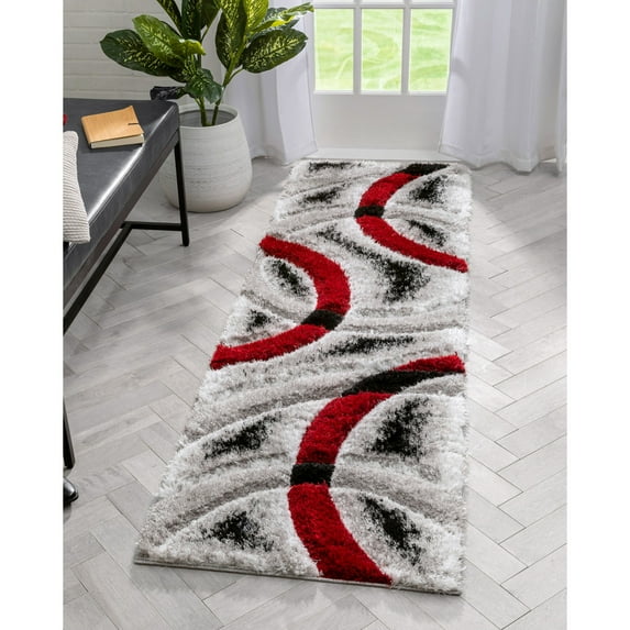 Well Woven Olly Red Geometric Stripes Thick Soft Plush 3D Textured Shag 2'3" x 7'3" Runner Rug