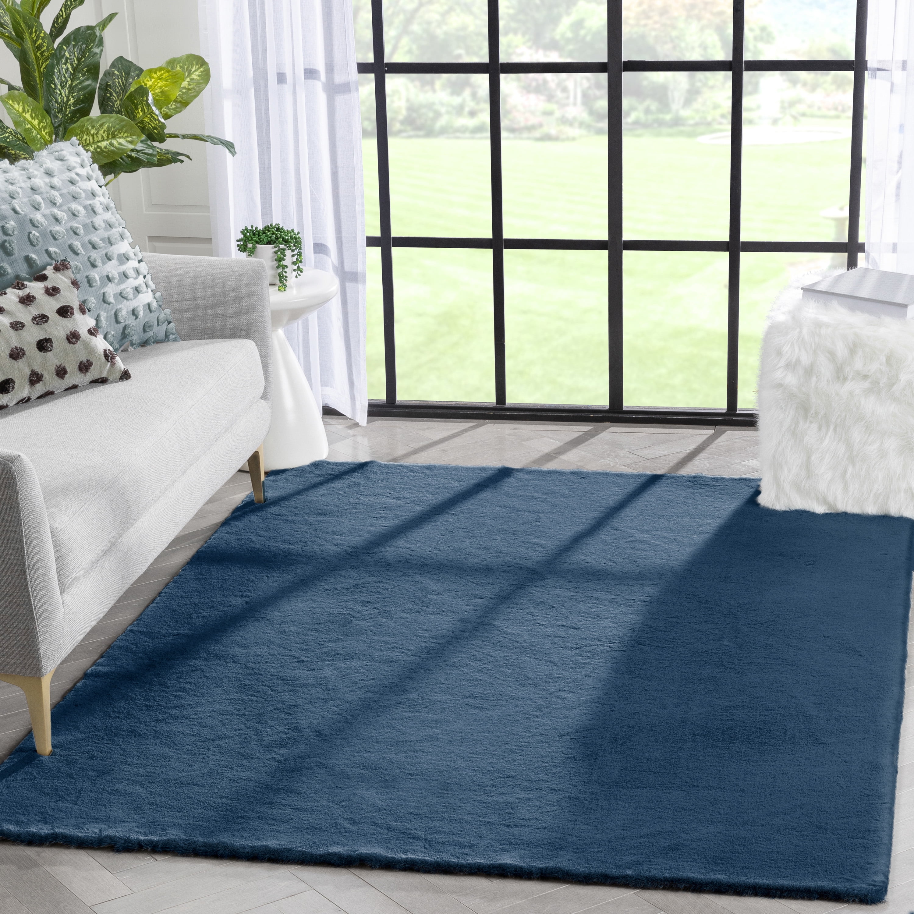 Well Woven Opal Crest Textured Solid Dark Blue Modern Faux Fur 31" Heart Area Rug