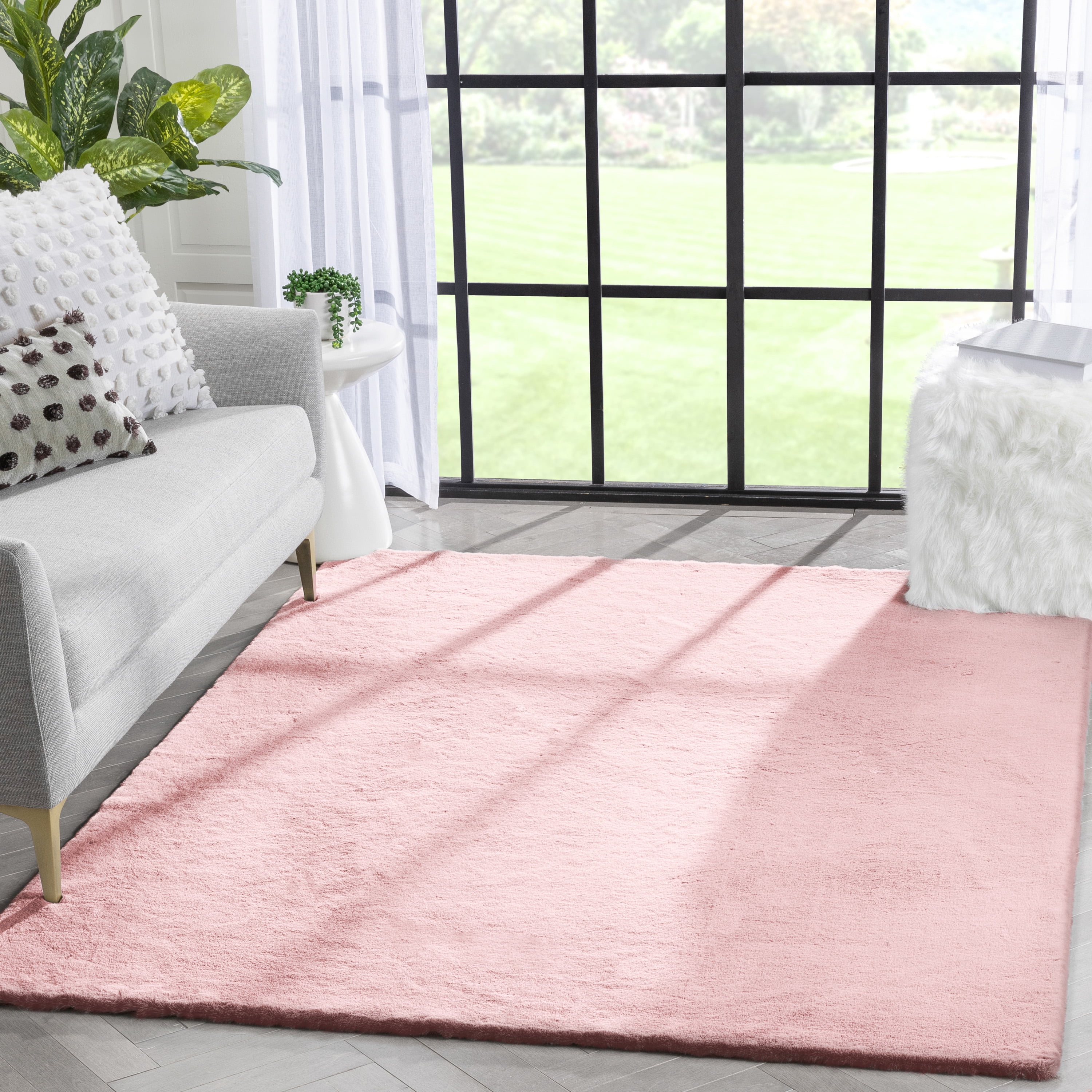 Well Woven Opal Crest Textured Solid Light Pink Modern Faux Fur 2'11" Round Rug