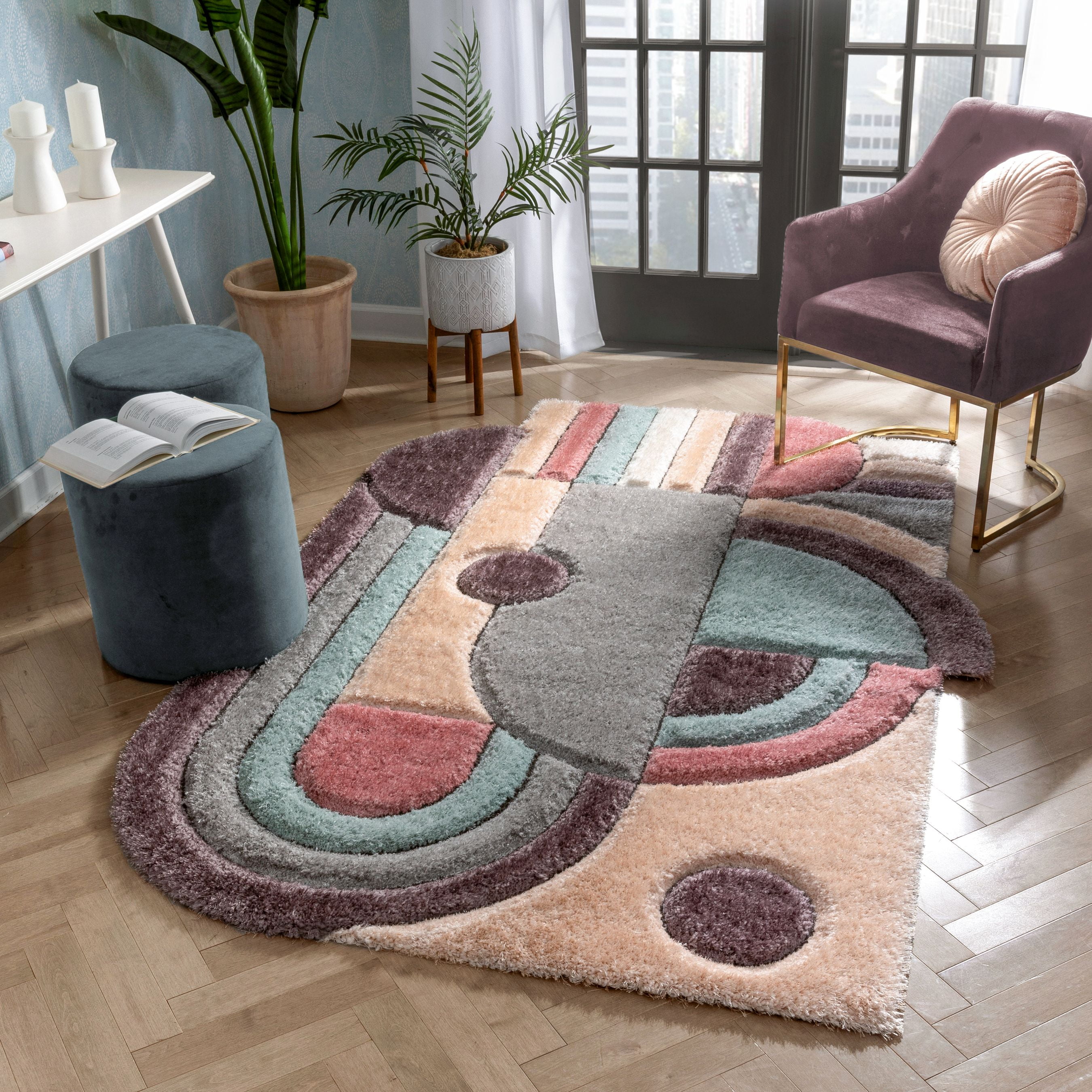 Well Woven Pablo Geometric Shag Lavendar Modern Area Rug, 118 in x 94