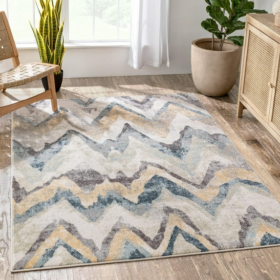 Well Woven Paige Bohemian Vintage Beige Yellow & Blue Tribal Geometric Zig-Zag Pattern Area Rug