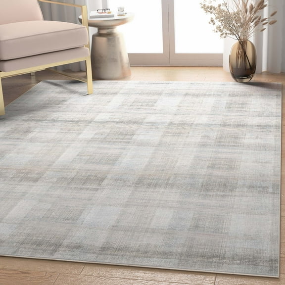 Well Woven Parquet Flatweave Distressed Plaid 7'7" x 9'10" Area Rug Beige