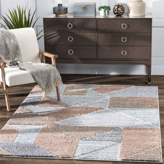 Well Woven Perseus Modern Geometric Triangles and Shapes Blush Area Rug - Ultra-Soft Yarn, Cut & Loop Pile - For Living Room, Dining Room & Bedroom (5'3" x 7'3")