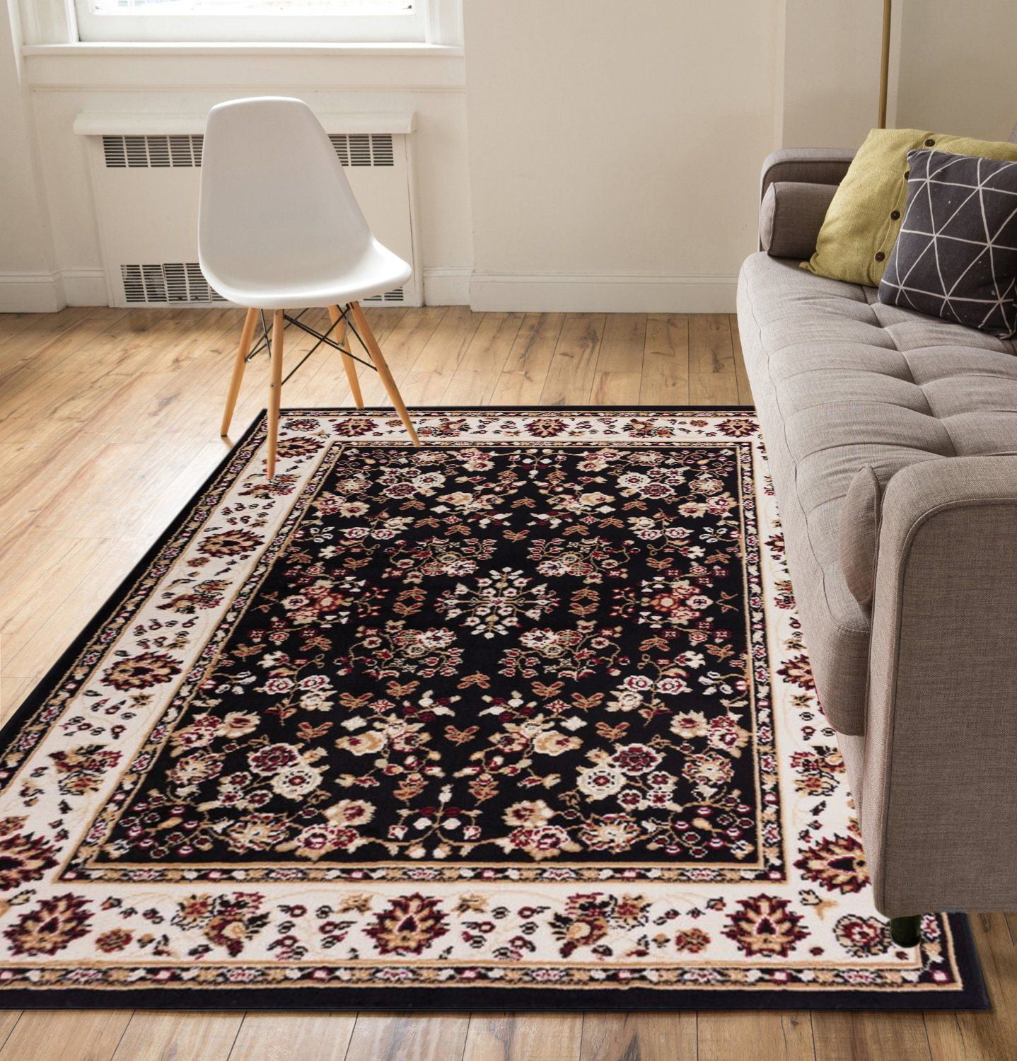 Black Floral Synthetic Rectangular Area Rug with Jute Backing