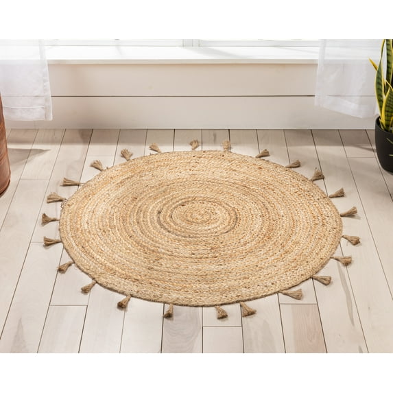 Well Woven | Philomena Natural Jute | Hand-Braided Tasseled Area Rug | 3' Round