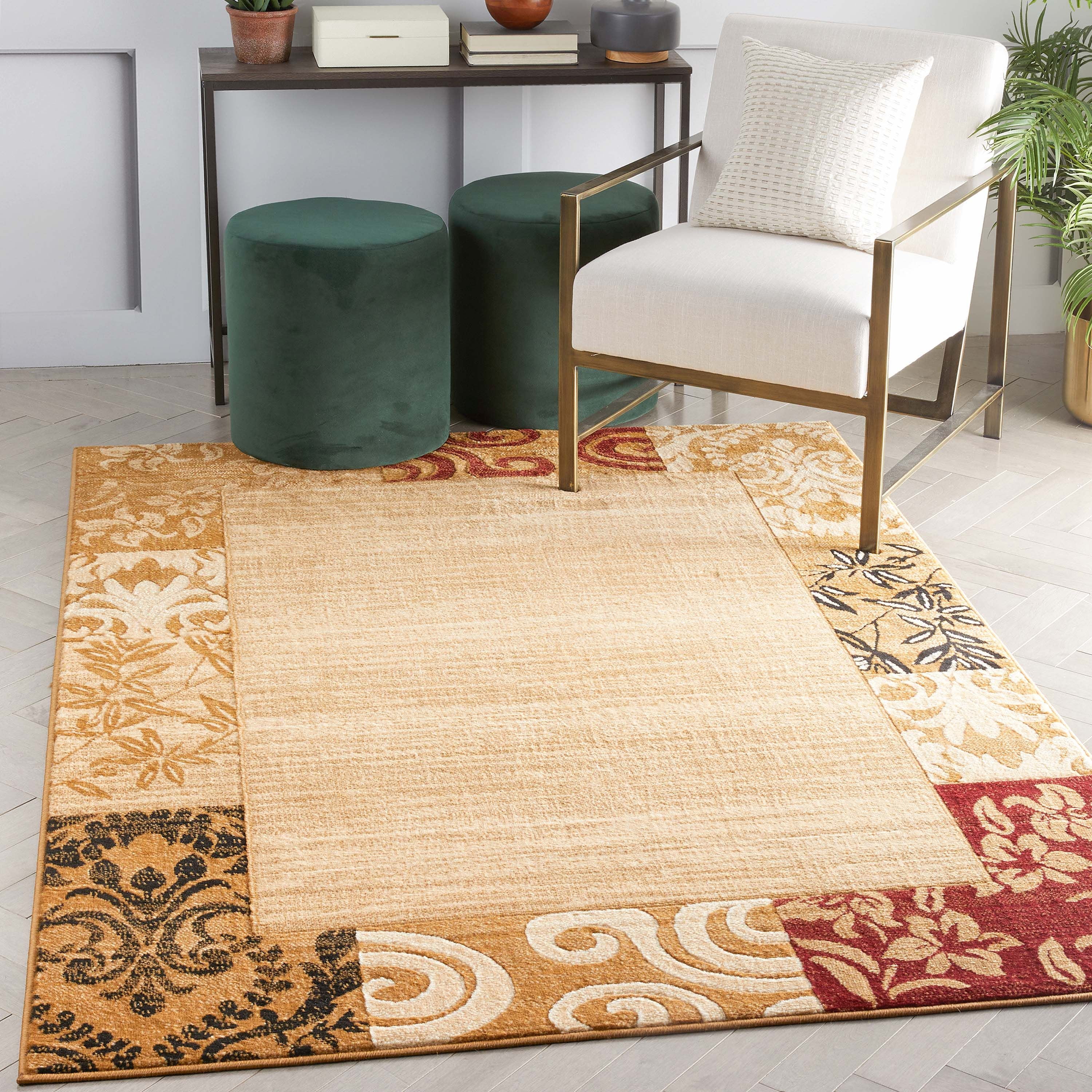 Well Woven Plain Border Rug Damask Warm Colors with Brush Effect Soft ...