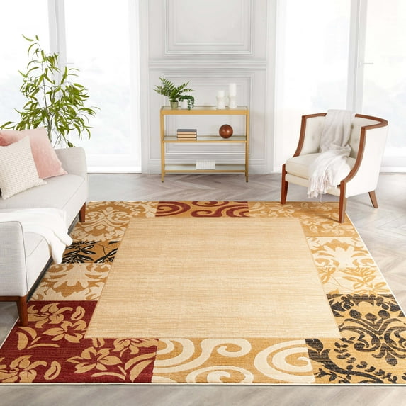 Well Woven Plain Border Rug Damask Warm Colors with Brush Effect Soft Rug