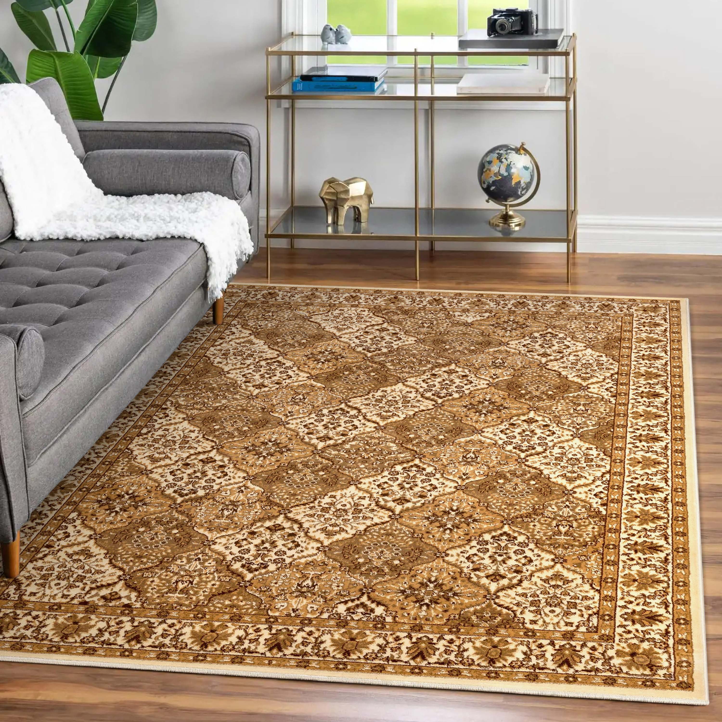 Ivory and Brown Oriental Synthetic 5' x 7' Area Rug