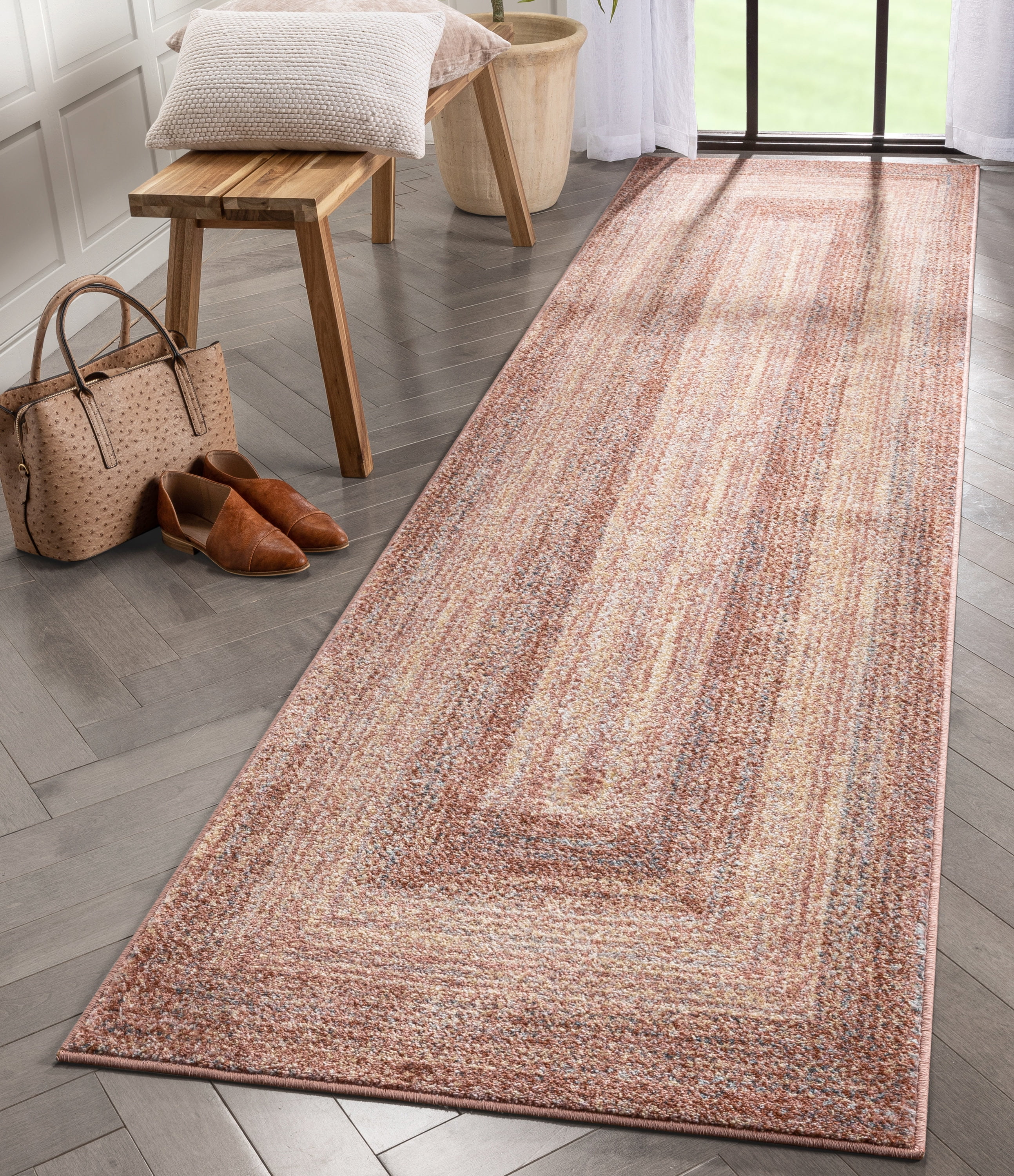 Blush Pink and Yellow Synthetic Easy Care Runner Rug