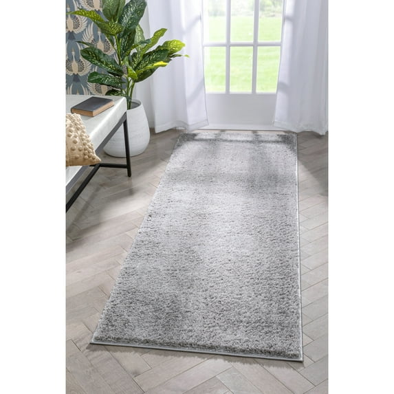 Well Woven Rainbow Chroma Glam Solid Two-Tone Soft Shimmer Pile Light Grey Shag 2'7" x 7'3" Runner Area Rug