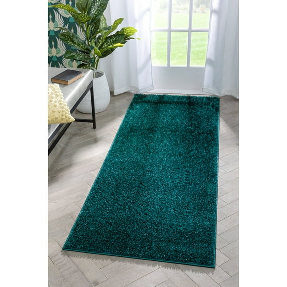 Well Woven Rainbow Chroma Glam Solid Two-Tone Soft Shimmer Pile Teal Shag 2'7" x 7'3" Runner Area Rug