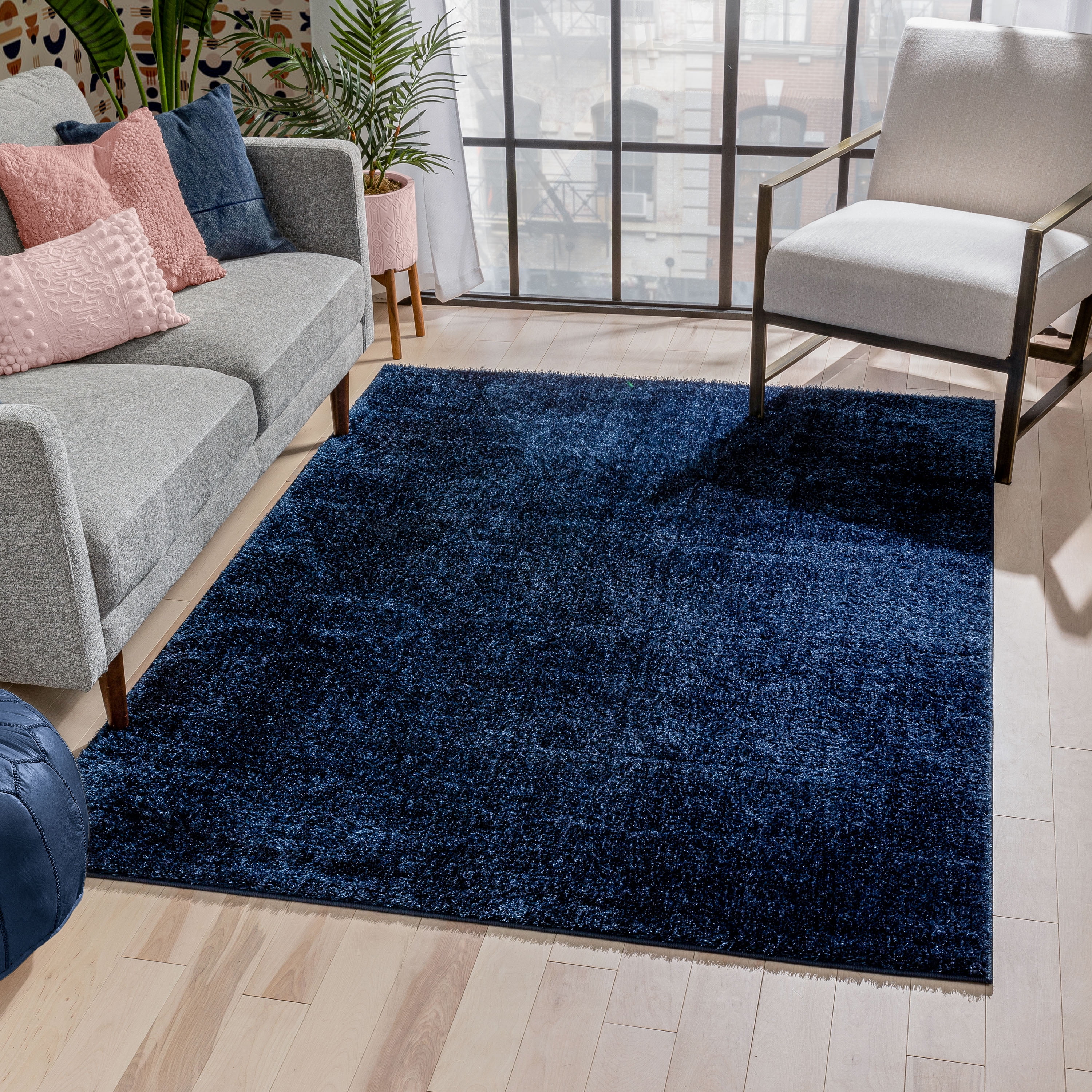 Well Woven Rainbow Chroma Glam SolidTwo-Tone Soft Shimmer Pile Indigo Blue Shag 7'10" x 9'10" Area Rug