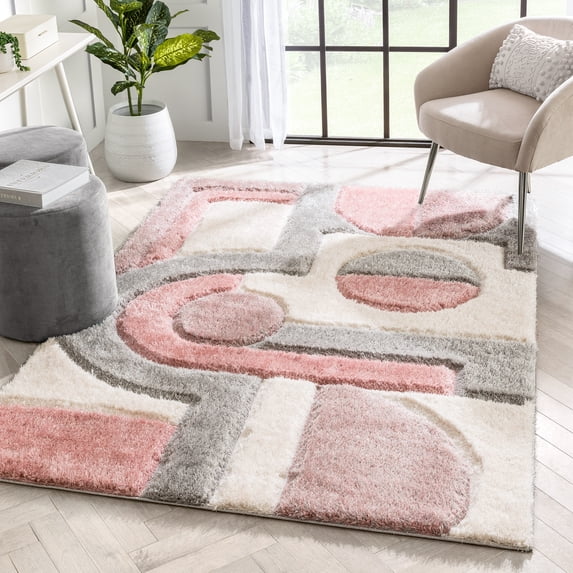 Well Woven Rami Blush & Gold Abstract Geometric 3D Textured Shag Area Rug 9x13 (9'3" x 12'6")