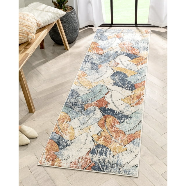 Well Woven Ravenna Nordic Abstract Leaves Blue Red Distressed 2'3