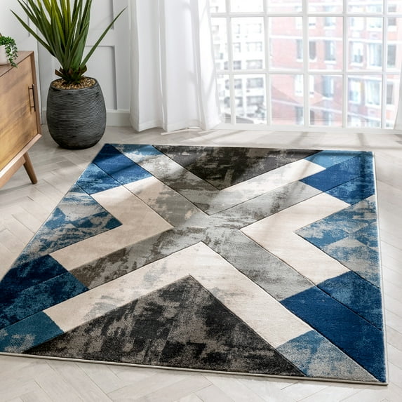 Well Woven Rheta Blue Modern Geometric Stripes & Angles Pattern Area Rug