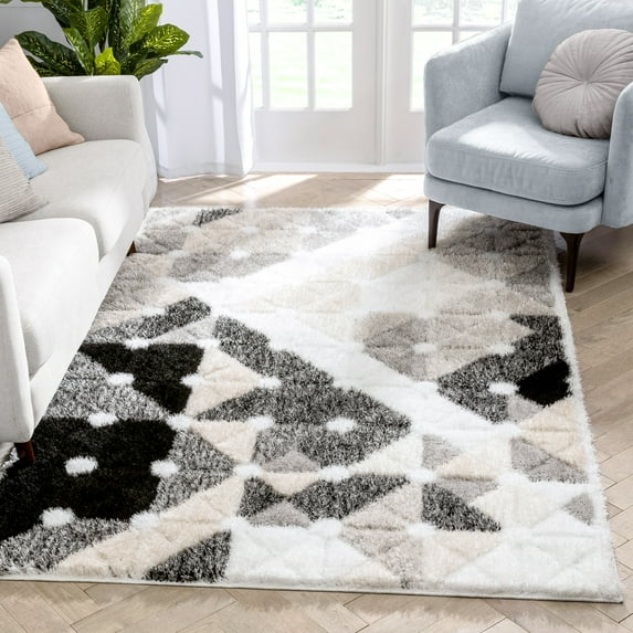 Well Woven Rivon Ivory & Grey Thick & Soft Geometric Shag Area Rug 8x10 (7'10" x 9'10")