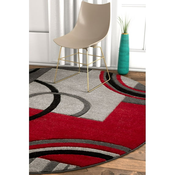 Echo Shapes & Circles Red / Grey Modern Geometric Comfy Casual Hand Carved Round Area Rug 5 ( 5'3" ) Easy Clean Stain Fade Resistant Shed Free Abstract Contemporary Thick Soft Plush Living Room Rug