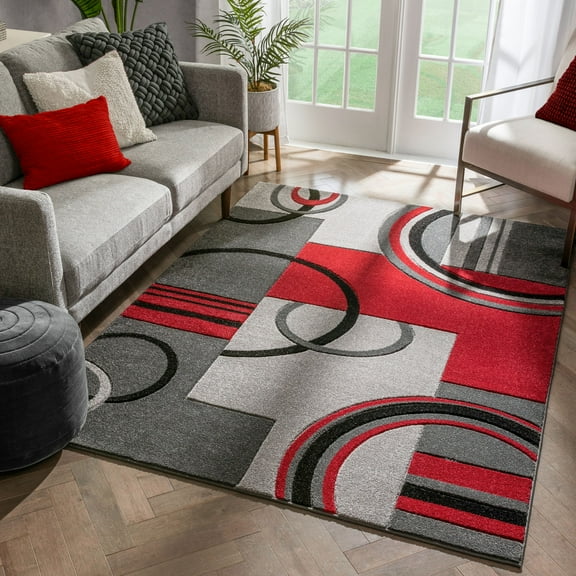 Well Woven Ruby Galaxy Waves Modern Geometric Grey & Red 9'3" x 12'6" Area Rug