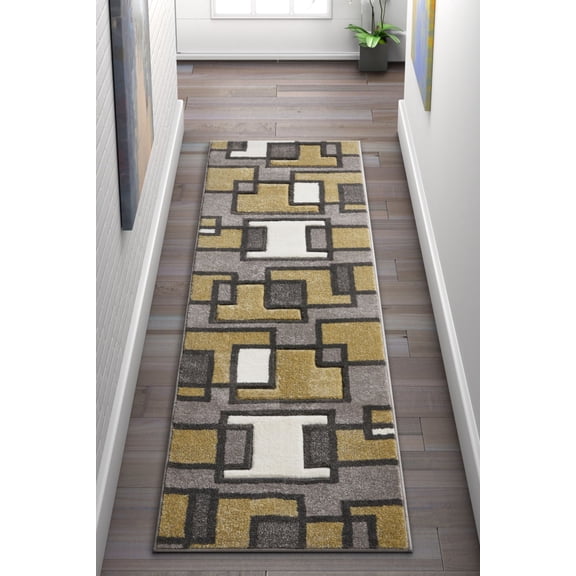 Well Woven Ruby Imagination Squares Modern Contemporary Gold Geometric Blocks 2' x 7' Runner Area Rug