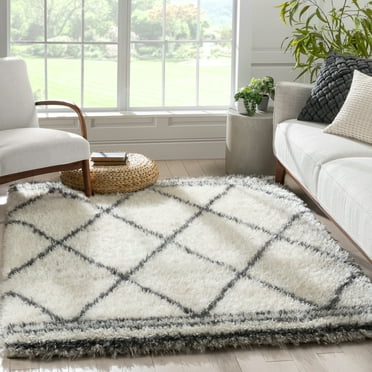 Well Woven Sadoneh Ivory Super Thick Tribal Diamonds Shag Area Rug 3x5 (3'11" x 5'3")