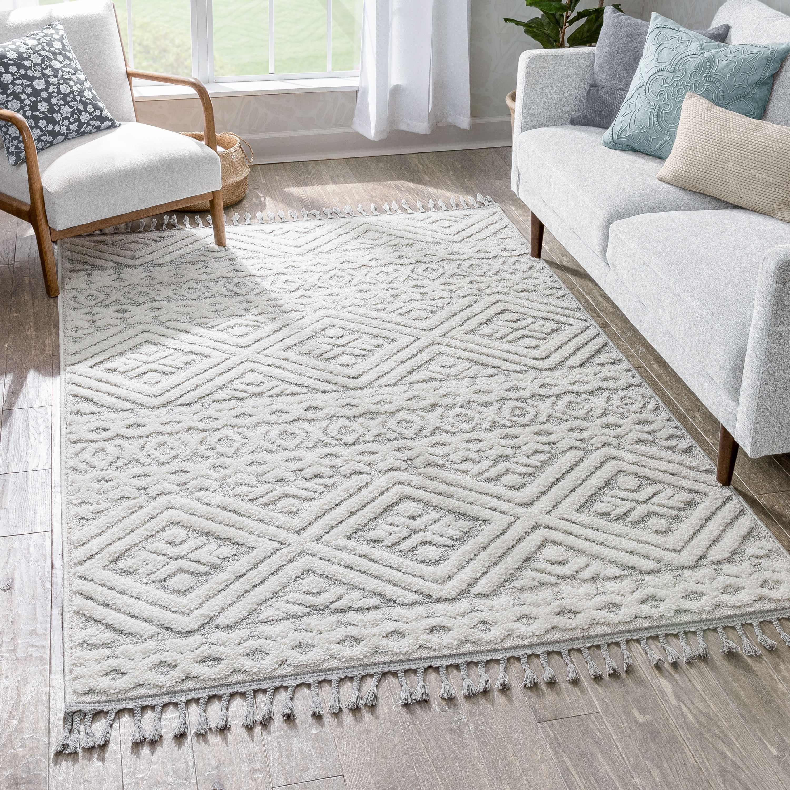 Cream and Gray Geometric High-Low Textured Rectangular Area Rug