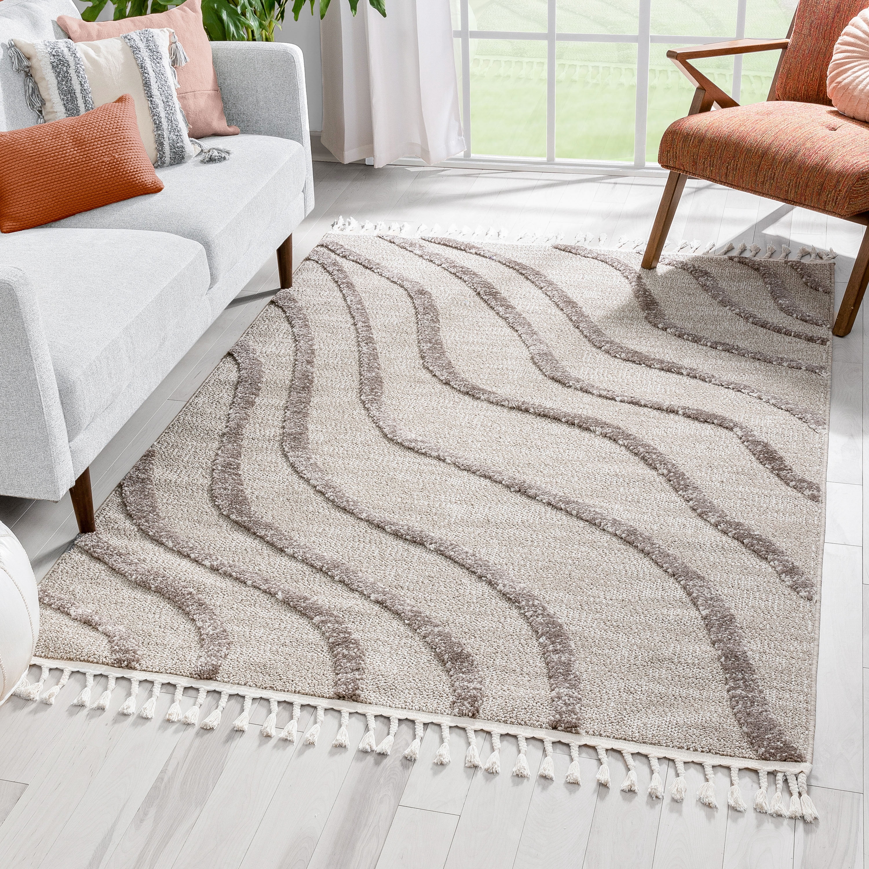 Well Woven Salem Lydia Contemporary Coastal Geometric Ivory High-Low Textured 5'3" x 7'3" Area Rug