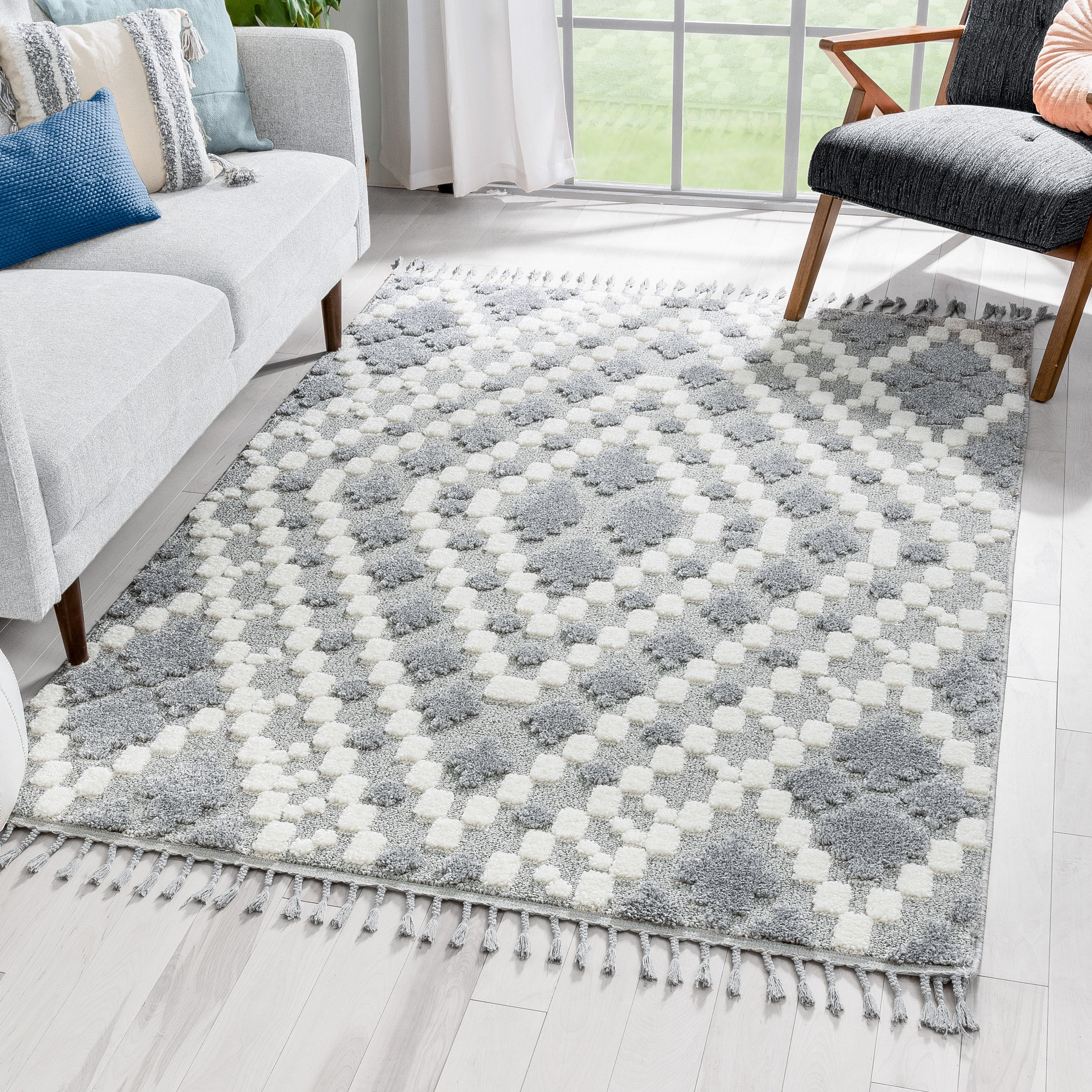 Well Woven Salem Melanie Contemporary Medallion Diamond Pattern Grey Cream High-Low Textured 7'10" x 9'10" Area Rug