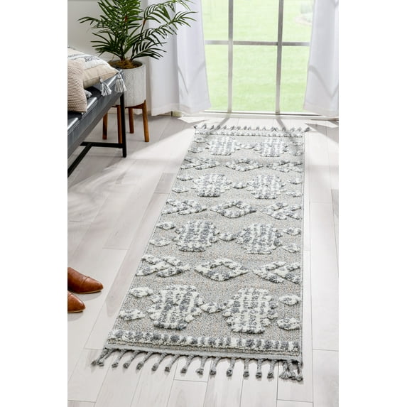 Well Woven Sevvie Ivory Ethnic High-Lo Textured Diamond Medallion Area Rug 2'3" x 7'3"