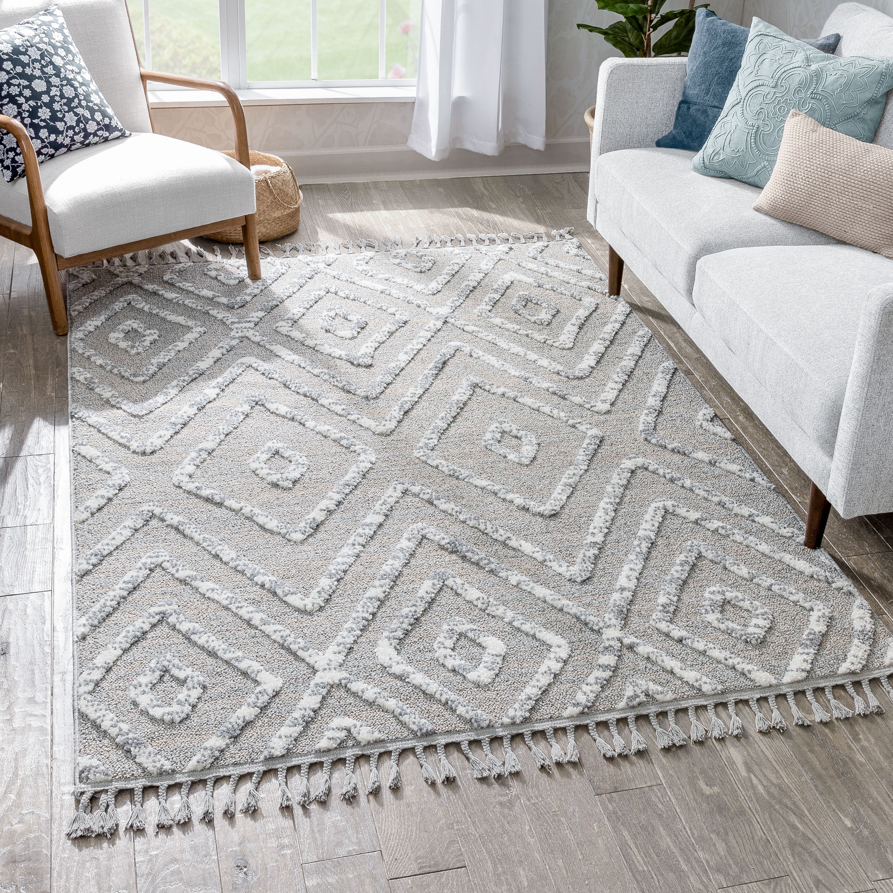 Well Woven Salem Willow Moroccan Lattice Trellis Grey High-Low Textured 5'3" x 7'3" Area Rug