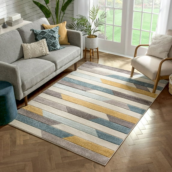 Well Woven Sammi Blue Gold Modern Geometric Striped Beveled Area Rug 5x7 (5'3" x 7'3")