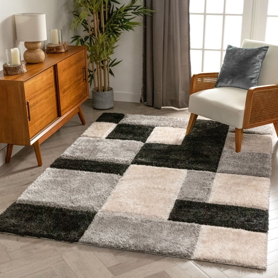 Well Woven San Francisco Escondido Black Modern Geometric Squares 5'3" x 7'3" Shag 3D Textured Area Rug