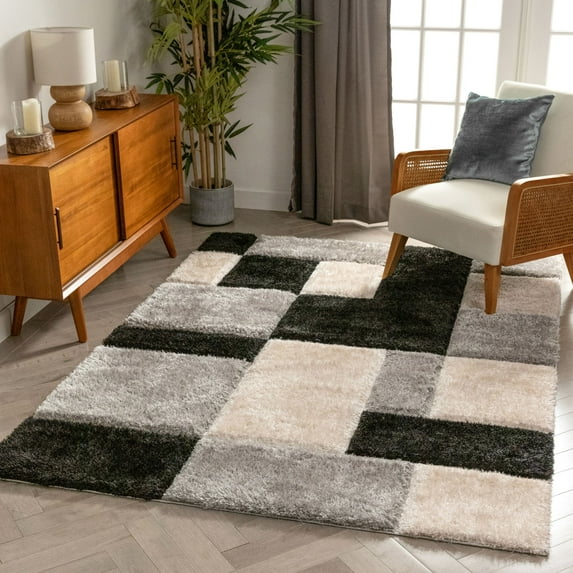 Well Woven San Francisco Escondido Black Modern Geometric Squares 7'10" x 9'10" Shag 3D Textured Area Rug