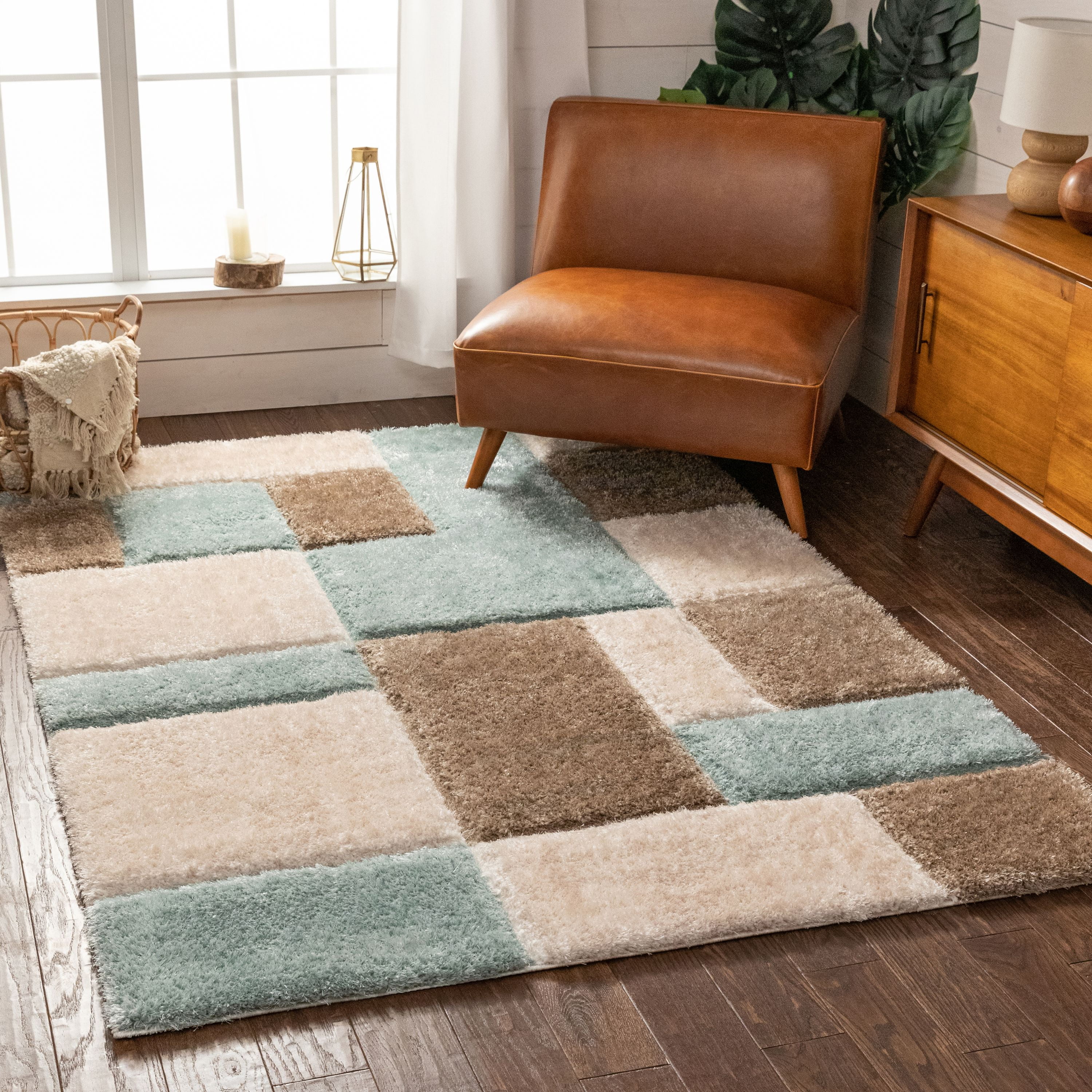 Well Woven San Francisco Escondido Blue Modern Geometric Squares 5'3" x 7'3" Shag 3D Textured Area Rug