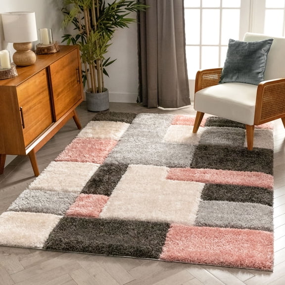 Well Woven San Francisco Escondido Blush Modern Geometric Squares 7'10" x 9'10" Shag 3D Textured Area Rug