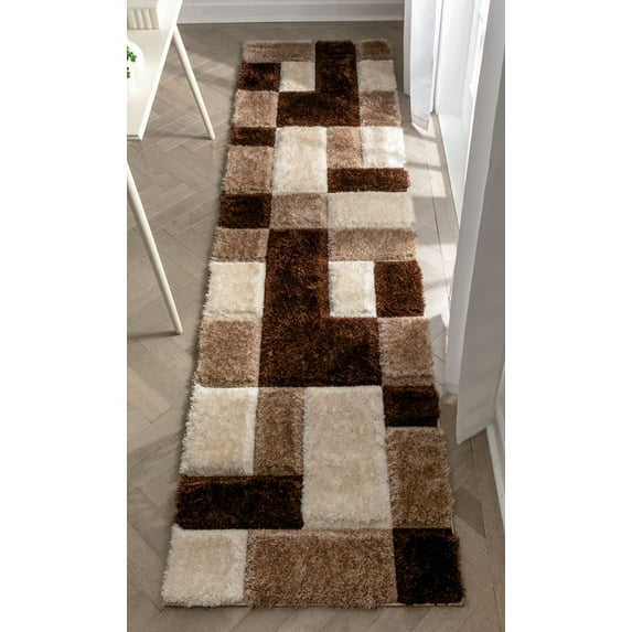 Well Woven San Francisco Escondido Brown Modern Geometric 3D Textured Shag 2'7" x 9'10" Runner Area Rug