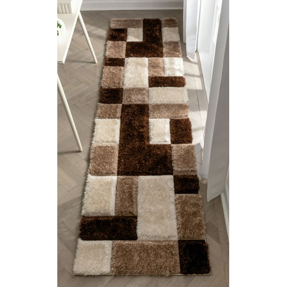 Well Woven San Francisco Escondido Brown Modern Geometric 3D Textured Shag 2'7" x 9'10" Runner Area Rug