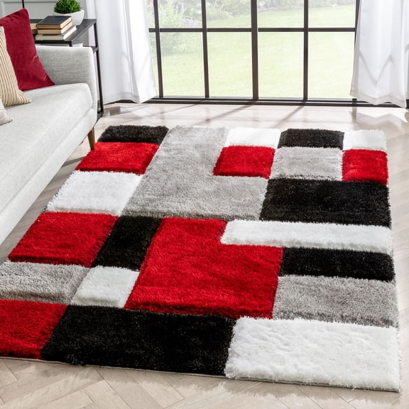 Well Woven San Francisco Escondido Red Modern Geometric Squares 3'11" x 5'3" Area Rug