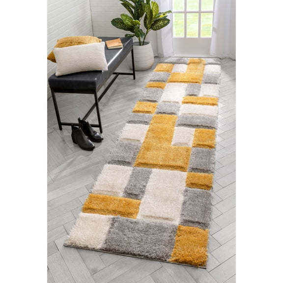 Well Woven San Francisco Escondido Yellow Modern Geometric Squares 2'7" x 9'10" Runner Area Rug