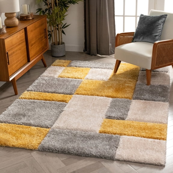 Well Woven San Francisco Escondido Yellow Modern Geometric Squares 7'10" x 9'10" Shag 3D Textured Area Rug