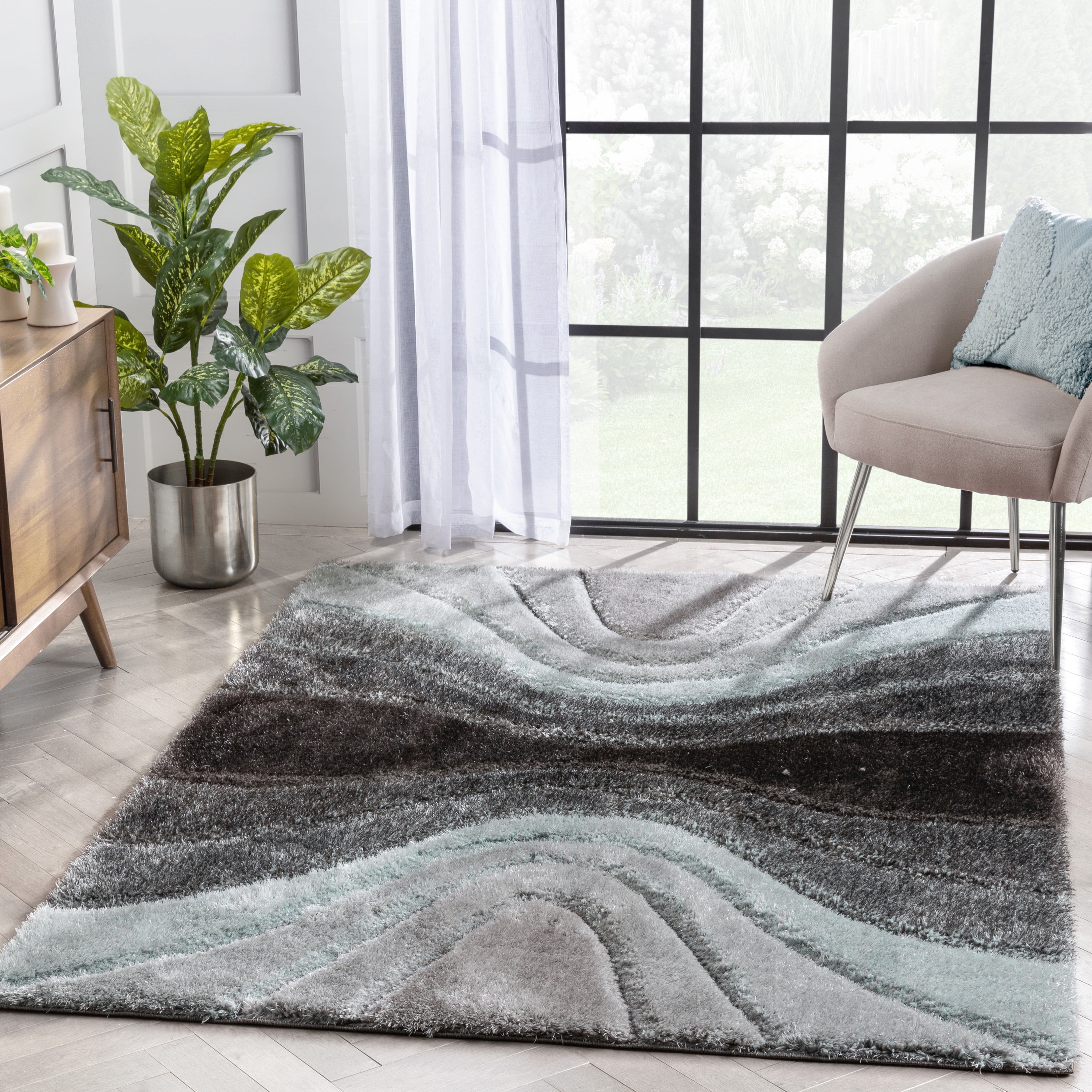 Light Blue and Gray Geometric Shag Area Rug, 8' x 10'