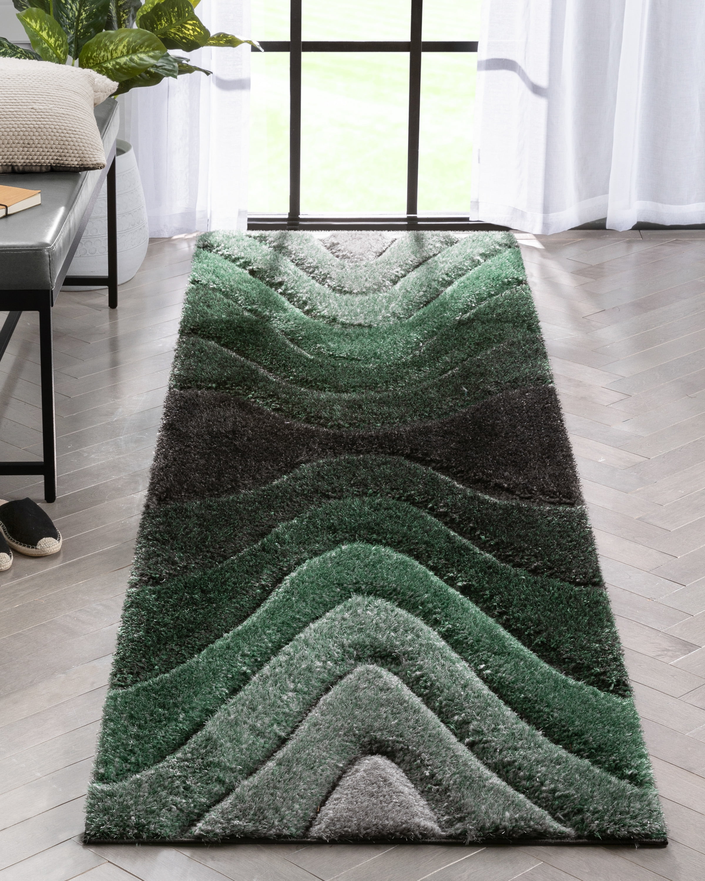 Handmade Green and Gray Geometric Shag Runner Rug
