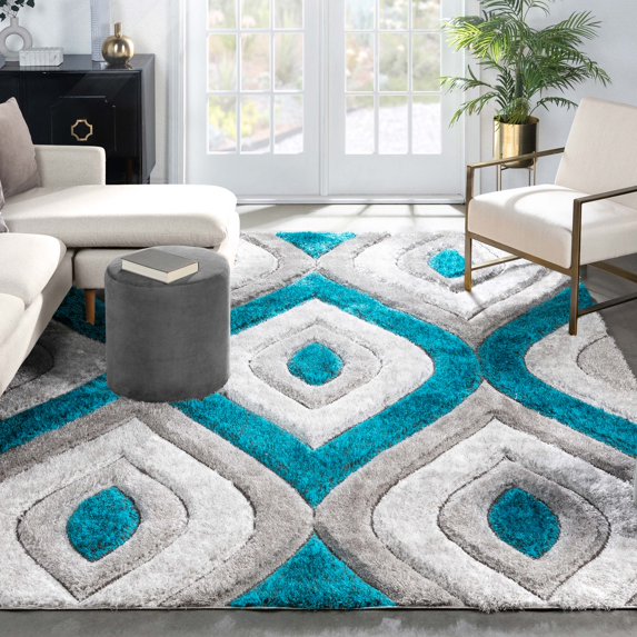 Well Woven San Francisco Malibu Blue Modern Trellis Ogee 5'3" x 7'3" Shag 3D Textured Area Rug