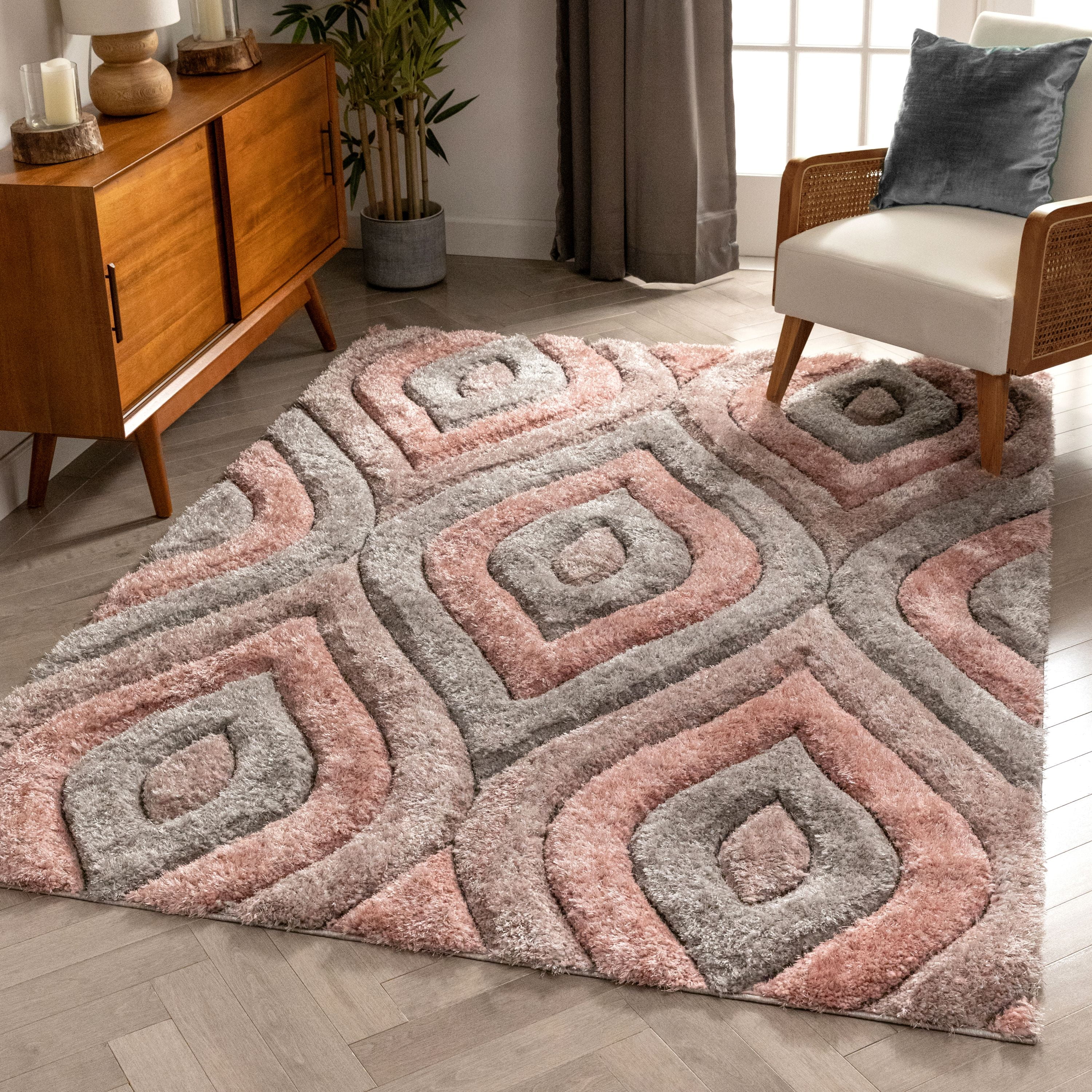 Well Woven San Francisco Malibu Blush Modern Geometric Trellis Ogee 7'10" x 9'10" Shag 3D Textured Area Rug