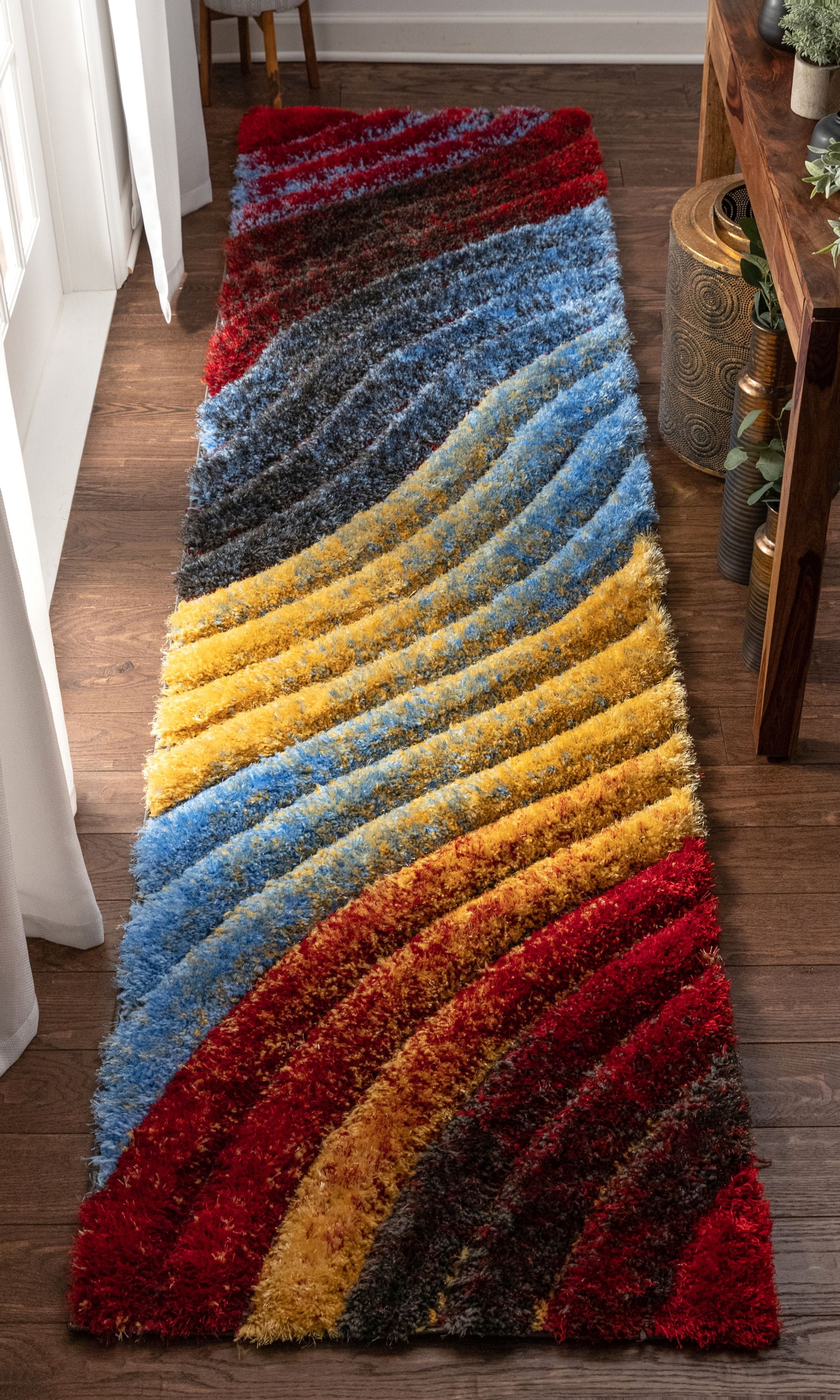 San Francisco Red and Blue Geometric Shag Runner Rug