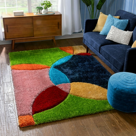 Well Woven San Francisco Newport Modern Geometric Shag Multi 3D Textured Thick & Soft Shag 5'3" x 7'3" Area Rug
