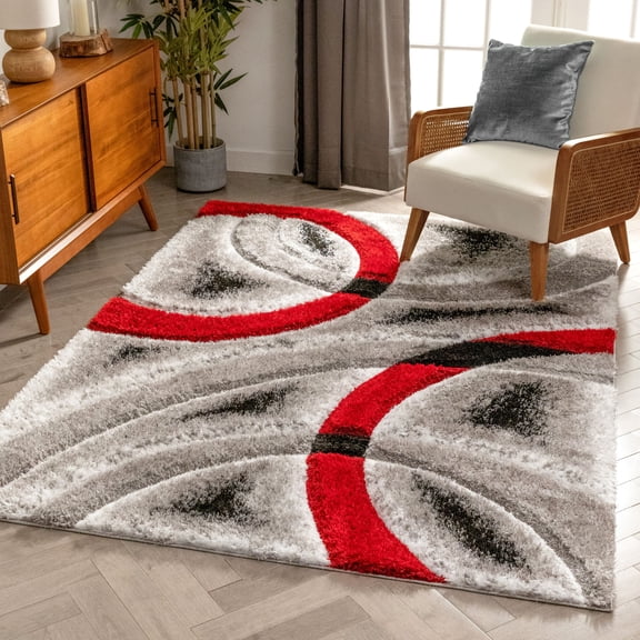 Well Woven San Francisco Oahu Red Modern Geometric Arcs And Shapes 5'3" x 7'3" Shag 3D Textured Area Rug