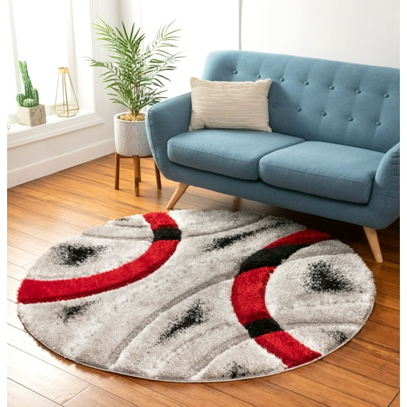 Well Woven San Francisco Oahu Red Modern Shag Geometric Arcs And Shapes 5'3" Round Area Rug