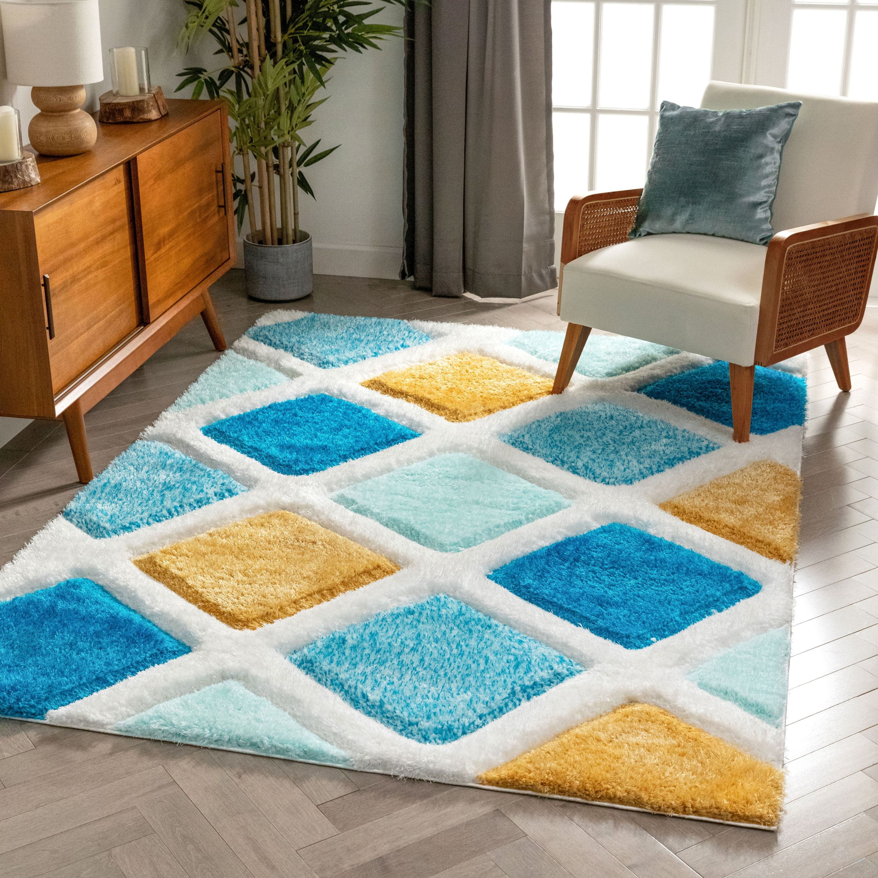 Well Woven San Francisco Posh Blue Modern Geometric 3D Textured Shag 2'7" x 9'10" Runner Area Rug