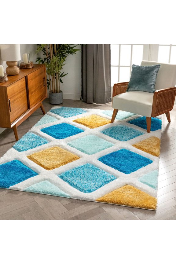 San Francisco Posh Blue Modern Geometric 3D Textured Shag 2'7" x 9'10" Runner Area Rug