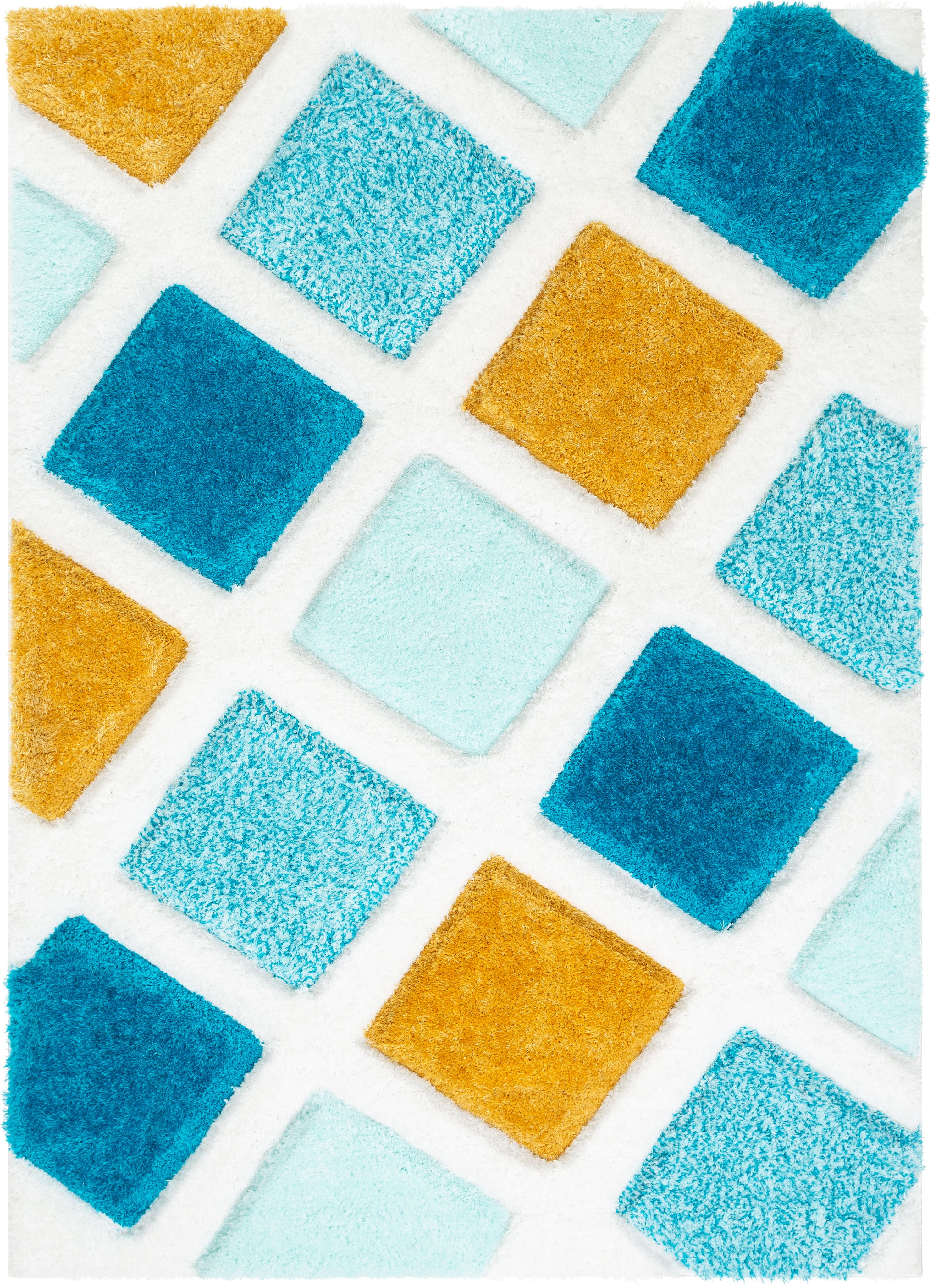 Posh Blue and Gold Geometric Shag Area Rug